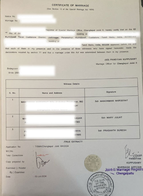 Special Marriage Registration (Tamil Nadu Act)